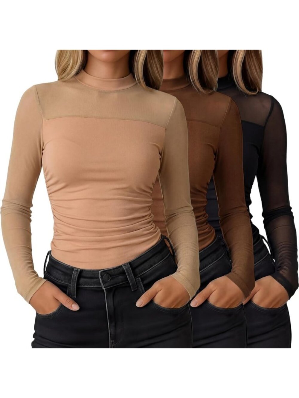 Sheer Mesh Long Sleeve Mock Neck Tops - 3 Pack Ruched Fitted Blouses for Parties